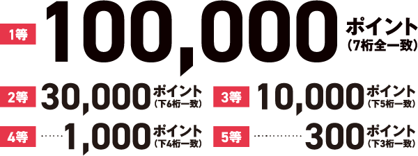 1等100,000ポイント（7桁全一致）2等30,000ポイント（下6桁一致）3等10,000ポイント（下5桁一致）4等1,000ポイント（下4桁一致）5等300ポイント（下3桁一致）